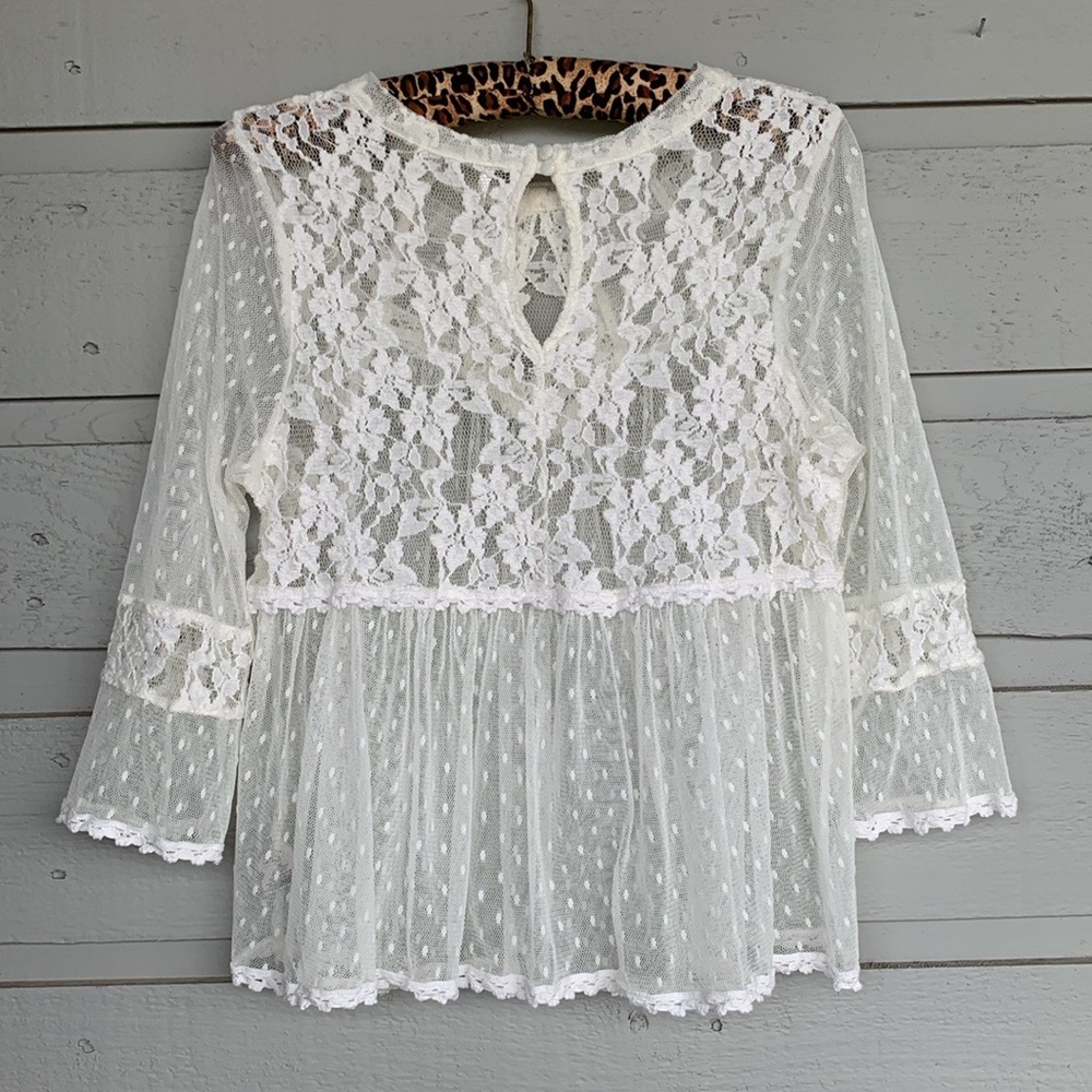 FREE PEOPLE BOHO IVORY/OFF WHITE MODERN ROMANCE SHEER LACE TOP - Picture 11 of 13